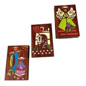 Lesodi Puerto Rican Art Hand Painted Wooden Set Of 3 Angel Church Colorful
